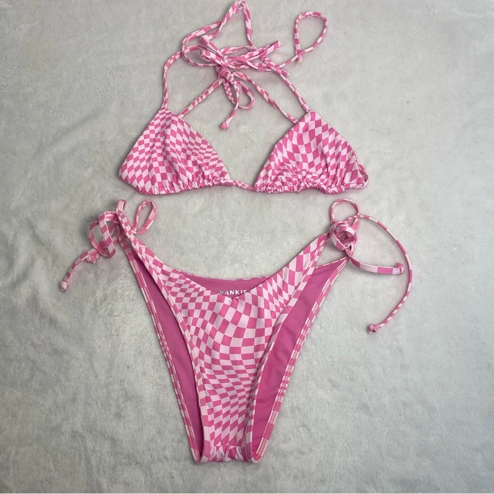 Frankie's Bikinis Pink Checkered Swimsuit Set Morrison Pattern Side-tie Bottoms